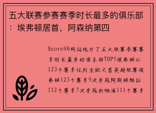 五大联赛参赛赛季时长最多的俱乐部：埃弗顿居首，阿森纳第四